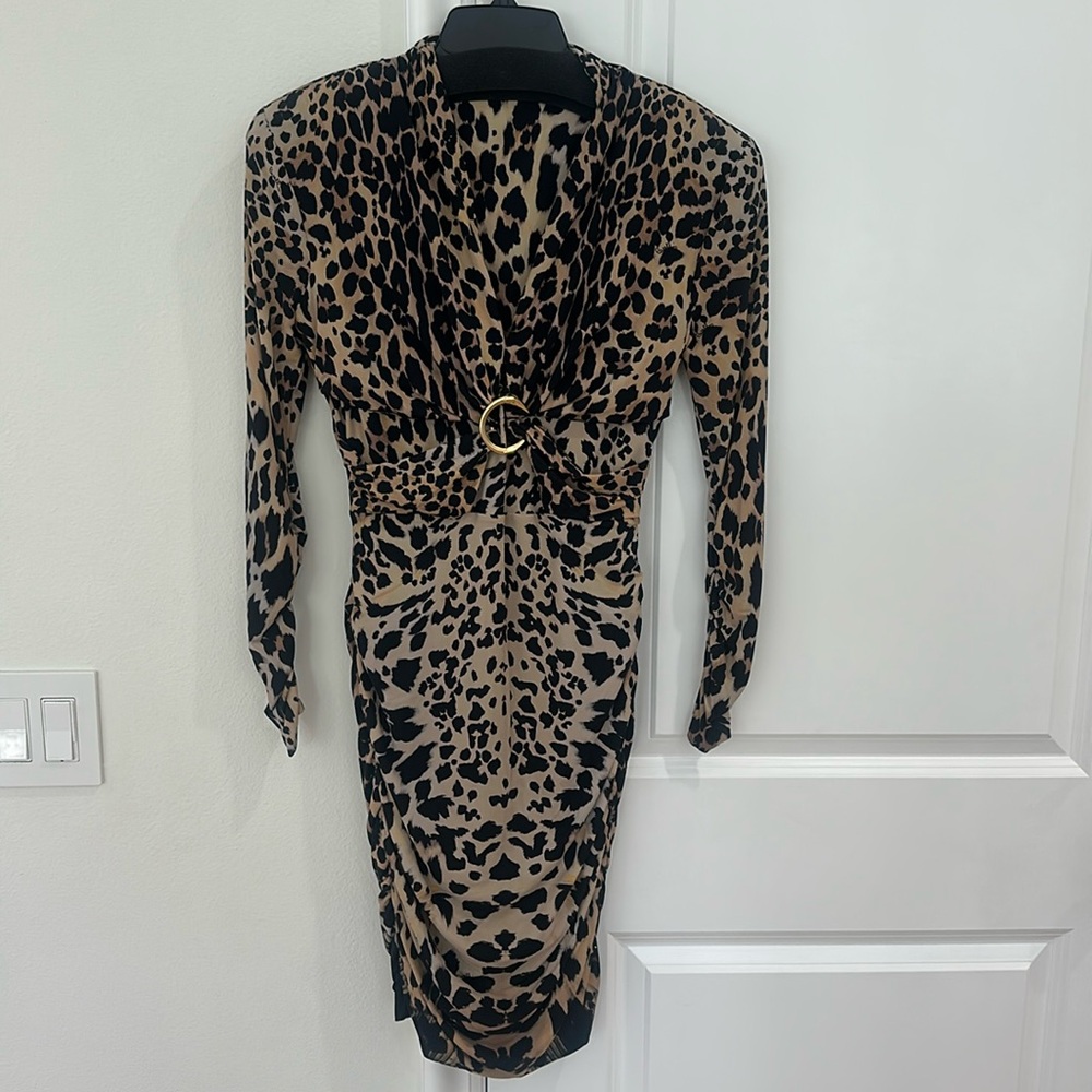 Roberto Cavalli Brown Multi Ruched Animal Print Dress with center Embellishment